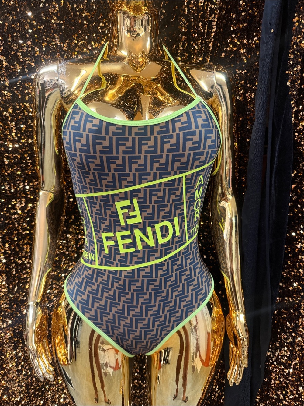 Fendi Navy Monogram One-Piece with Neon Green Trim